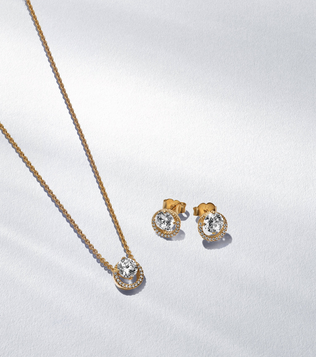 Round Halo 14K Gold-Plated Necklace & Earring Gift Set
