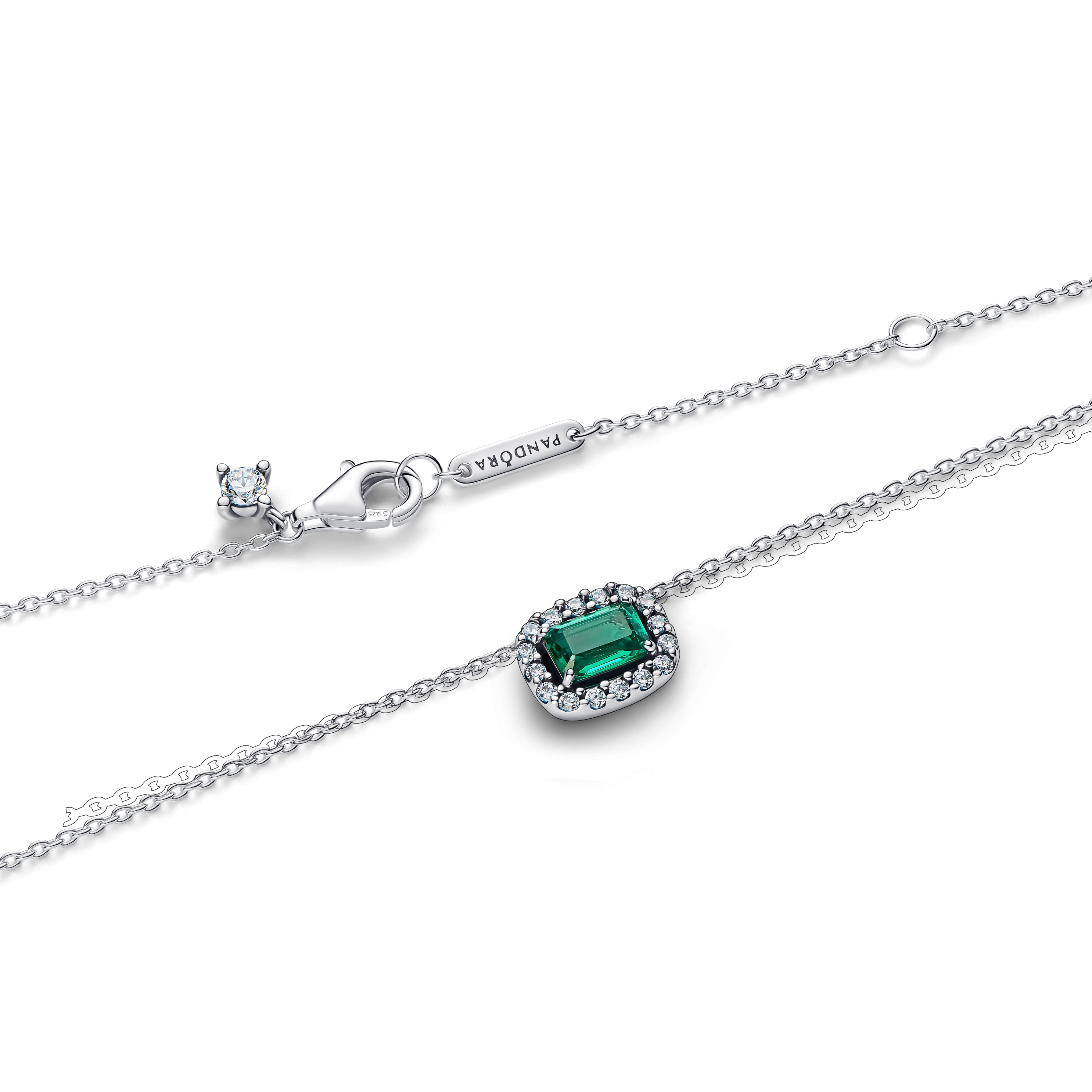 Rectangular Sparkling Green Halo Pendant Necklace